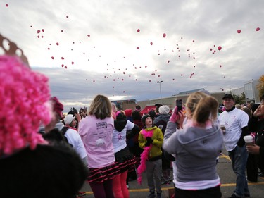CIBC Run for the Cure participants release balloons before the start of the event at South Centre in Calgary on October 1, 2017. Over 5000 took part in this year's run.