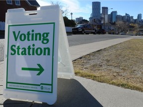 ELECTION-CALGARY

A voting station sign for the civic election at Langevin school on Centre Ave East and 6A street in NE Calgary, Alta. on Monday October 21, 2013. Stuart Dryden/Calgary Sun/QMI Agency
Stuart Dryden, Stuart Dryden/Calgary Sun/QMI Agency