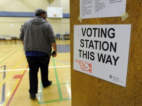 ELECTION-CALGARY

Trevor McGinn walks into the gym at Colonel Walker School to vote in the civic election in SE Calgary, Alta. on Monday October 21, 2013. Stuart Dryden/Calgary Sun/QMI Agency
Stuart Dryden, Stuart Dryden/Calgary Sun/QMI Agency