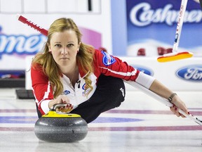 Canada skip Chelsea Carey delivers during the Scotties Tournament of Hearts at the Meridian Centre in St. Catharines, Ont.,  Tuesday February 21 2017.