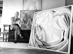 Lawren Harris at Belmont St. studio with his abstract canvases.
Foreground: LSH 152, 1950, Private Collection; Middle ground: Biomorphic Composition (LSH 78, verso), ca. 1938 [double-sided canvas with Geometric Composition (recto) (p. )], Private Collection; Background: White Triangle c. 1939, Collection of the National Gallery of Canada