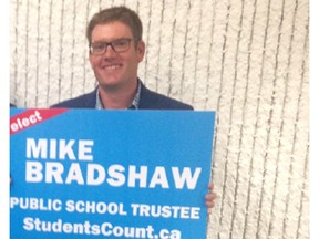 Mike Bradshaw poses with campaign signs as he announces his candidacy for Calgary Board of Education trustee in Calgary June 22, 2017. Eva Ferguson/Postmedia