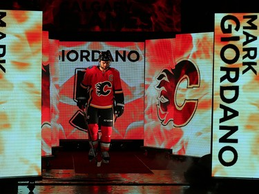 Calgary Flames Mark Giordano during player introductions before facing the Winnipeg Jets in the teams home opener in NHL hockey at the Scotiabank Saddledome in Calgary on Saturday, October 7, 2017. Al Charest/Postmedia
