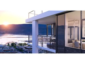 A rendering of the view from a balcony at Ella, a development by Mission Group in downtown Kelowna, B.C.