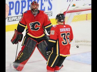 Calgary Flames goaltender Mike Smith reacts after giving up a goal to the Winnipeg Jets during NHL hockey at the Scotiabank Saddledome in Calgary on Saturday, October 7, 2017. Al Charest/Postmedia