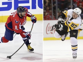 FILE - At left,  Washington Capitals left wing Alex Ovechkin. At right, Pittsburgh Penguins center Sidney Crosby.