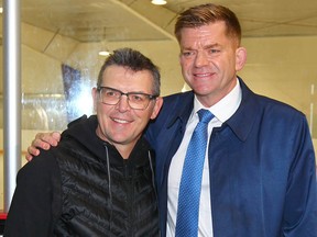 Former NHLer and advocate Theo Fleury poses with UCP leadership candidate Brian Jean in Calgary Wednesday, October 25, 2017. Fleury endorsed Jean for the leadership of the UCP.