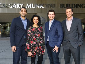 Calgary city council’s newest members L-R, George Chahal, Jyoti Gondek, Jeromy Farkas and Jeff Davison on Tuesday October 17, 2017. Darren Makowichuk/Postmedia
