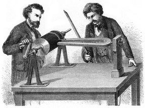 An 1873 engraving of the phonoautograph, a device for studying sound vibrations graphically. It also unwittingly yielded history's earliest recorded sounds.