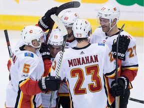 Mark Giordano, Johnny Gaudreau, Jaromir Jagr, Sean Monahan and Dougie Hamilton celebrate Monahan's goal against the Canucks last Saturday.