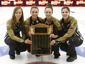 (L-R) Rachel Homan, Emma Miskey, Joanne Courtney and Lisa Weagle of Team Homan beat Team Roth 6-4 to win the Autumn Gold Curling Classic at the Calgary Curling Club on Monday, October 9, 2017. Dean Pilling/Postmedia