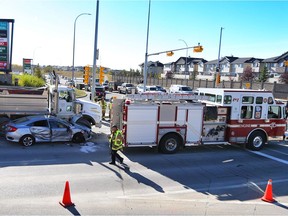 Traffic concerns are an important issue to residents of Ward 1, especially at 112th Avenue and Country Hills Boulevard N.W. Here, a fire truck, gravel truck and car were involved in a collision last month. (Sept. 2017)