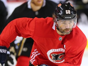 Jaromir Jagr takes to the ice for his first practice with the Calgary Flames in Calgary on Thursday October 5, 2017. Gavin Young/Postmedia