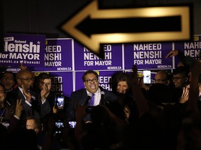 Mayor Naheed Nenshi addresses his supporters at the National in Calgary on Monday, Oct. 16