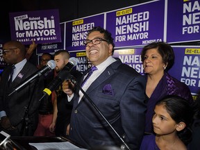 Naheed Nenshi celebrates his victory as Calgary's mayor following municipal elections in Calgary, Alta., early Tuesday, Oct. 17, 2017.