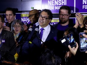 Mayor Naheed Nenshi speaks to the crowds at the National in Calgary, on Tuesday October 17, 2017 during election night. The provincial government is currently examining the rules around campaigning in municipal elections.