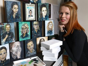 Calgary first-responder Naomi Fox is hoping to paint 100 portraits of paramedics in 100 days to raise awareness about the physical and mental fatigue faced by paramedics on Tuesday October 31, 2017. Darren Makowichuk/Postmedia