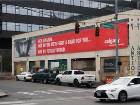 Calgary Economic Development hung a 35-metre-long banner near Amazon's Seattle headquarters as part of its bid to win over the company in its search for a second headquarters.