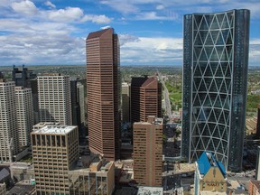 A north view from the Calgary Tower shows part of downtown, the new Bow building along with general office high rises .