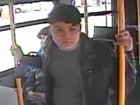 Security camera still of suspect in alleged sexual assault on Calgary Transit bus on Oct. 1.