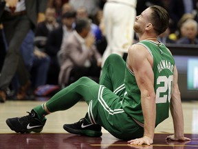 Boston Celtics Gordon Hayward grimaces in pain after breaking his ankle in an NBA game against the Cleveland Cavaliers on Oct. 17, 2017.