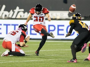 Stamps kicker Rene Paredes boots a field goal with no time left on the clock for a 28-25 victory over the Tiger-Cats in Hamilton Friday night.