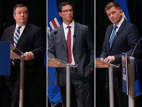 United Conservative Party leadership candidates from left; Jason Kenney, Doug Schweitzer and Brian Jean.