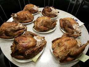 Turkeys weighing about 5 kg on a table before being eaten in the Thanksgiving Invitational Turkey-Eating Championship, at Artie's Delicatessen in New York.