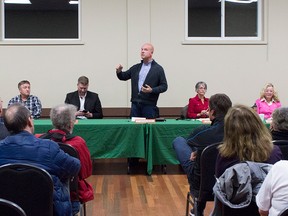 Ward 7 candidates, Dean Brawn, Marek Hejduk, Brent Alexander, Druh Farrell and Margot Aftergood debate various hot button topics on Tuesday including high density development, taxes, public art, and traffic and safety. Photo by Jolene Rudisuela