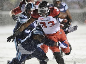 Calgary Stampeders running back Jerome Messam (33) runs the ball for a touchdown against the Toronto Argonauts during first half CFL football action in the 105th Grey Cup Sunday November 26, 2017 in Ottawa. THE CANADIAN PRESS/Ryan Remiorz