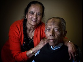 Anjana Dhar, 73 and her husband Prabir, 75 pose for a photo at Calgary Seniors Resource Society on November 22, 2017.