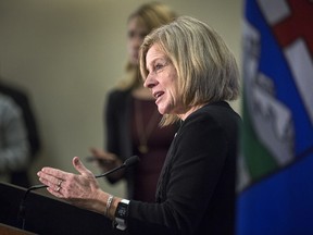 Premier Rachel Notley speaks to reporters following her address to the Calgary Chamber of Commerce on Nov. 24, 2017.