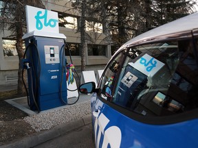 One of the new fast-charging stations for electric vehicles at the Macleod Trail south Canadian Tire in Calgary was unveiled on Tuesday Nov. 28, 2017. ATCO and FLO are partnering to build three fast-charging stations in Calgary, Red Deer and Edmonton.