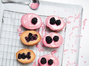 Feel free to use frozen blackberries (or blueberries or raspberries) in these elegant little almond cakes.