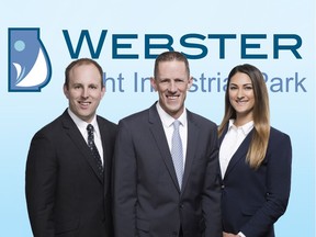 Brad Pilling, vice-president industrial at Colliers International, with associates Zach Darragh and Chantelle Matthews, who are selling the new Webster Industrial Park in Chestermere.