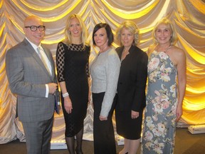 From left: at the 7th annual YWhisper Gala held Nov. 16 are Justice Sean Dunnigan, gala chair Shannon Young, keynote speaker Marcia Clark, Dawn Farrell - president and CEO, TransAlta Corporation, and Sue Tomney, CEO of YWCA of Calgary. The 7th annual gala was the most successful YWhisper Gala to date. Bill Brooks photo