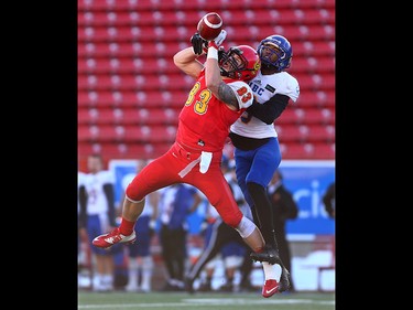 The U of C Dinos Brendon Thera-Plamondon catches a pass in the second half of the Hardy Cup on Saturday November 11, 2017. The Dinos won over the UBC Thunderbirds after Niko Difonte kicked a game-winning 59-Yard goal in the closing seconds to win the game 44-43.