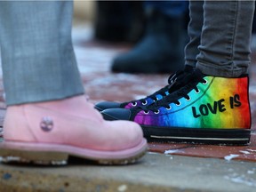 Rainbow flags and even shoes added colour to a rally in support of gay straight alliances (GSA's) and Bill 24 at McDougall Centre in downtown Calgary on Sunday November 12, 2017. Gavin Young/Postmedia

Postmedia Calgary
Gavin Young, Postmedia