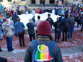 Several hundred people rally in support of gay-straight alliances (GSAs) and Bill 24 at McDougall Centre in downtown Calgary on Nov. 12, 2017.