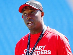 Calgary Stampeders, defensive backs coach Kahlil Carter during practice on June 27, 2017