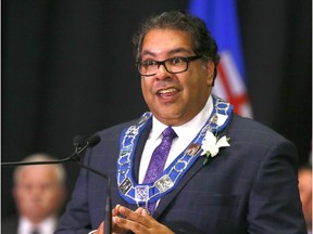 Calgary mayor Naheed Nenshi addresses the audience as members of Calgary's new council were sworn in during the Organizational Meeting of Council Swearing-In Ceremony of the Members of Council - Elect at the Calgary Municipal Building on Monday, Oct. 23, 2017.
