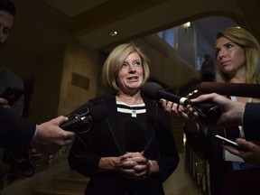 Alberta Premier Rachel Notley speaks to reporters following a Council of the Federation meeting in Ottawa on October 3, 2017.