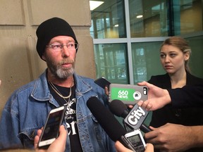 Troy Pfeiffer, father of homicide victim Cody Pfeiffer, talks to members of the media in Calgary, Thursday, Nov.2, 2017.