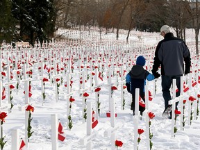 Foster Jansen with his grandson Noah Nessler, 5, walk through the Field of Crosses along Memorial Drive.