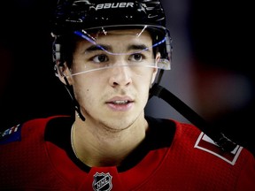Calgary Flames Johnny Gaudreau during the pre-game skate before facing the Pittsburgh Penguins in NHL hockey at the Scotiabank Saddledome in Calgary on Thursday, November 2, 2017.
