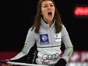 Skip Nadine Chyz shouts while watching her rock playing against Team Marthaller Alberta Scotties Tournament of Hearts provincial championship at the St. Albert Curling Club, Thursday, January 26, 2017. Ed Kaiser/Postmedia