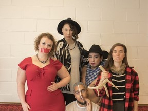 From left, Discomfort Lab's Hayley Feigs, Audrey Lane Cockett, Justin Many Fingers, Genevieve Pare and Jay Northcott, in front. Courtesy Swallow-A-Bicycle Theatre
