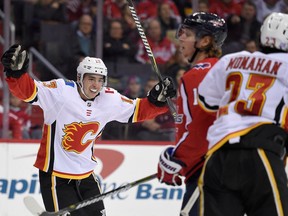 Calgary Flames left winger Johnny Gaudreau celebrates a goal against the Washington Capitals on Nov. 20, 2017