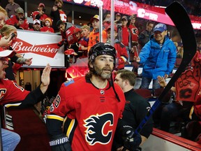 Calgary Flames Jaromir Jagr makes his way through the fans for the pre-game skate before facing the Ottawa Senators in NHL hockey at the Scotiabank Saddledome in Calgary on Friday, October 13, 2017.