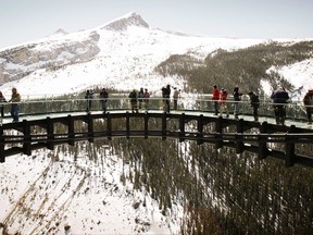 Tourists take in the views from the newly opened Glacier SkyWalk near the Columbia Icefields in Jasper National Park.